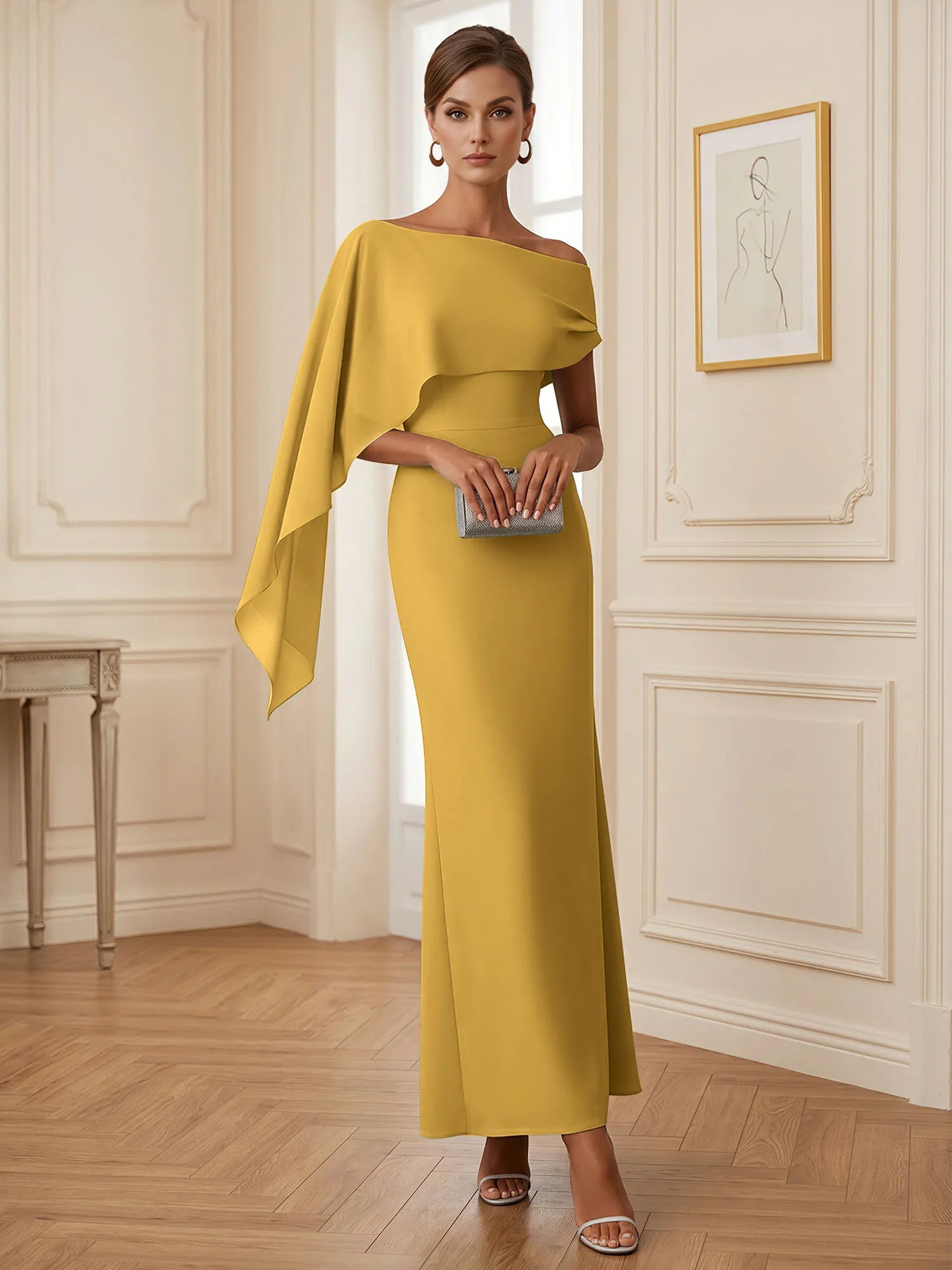 Elegant Mint Green One-Shoulder Chiffon Mermaid Formal Evening Dress with Cape and Ruffles