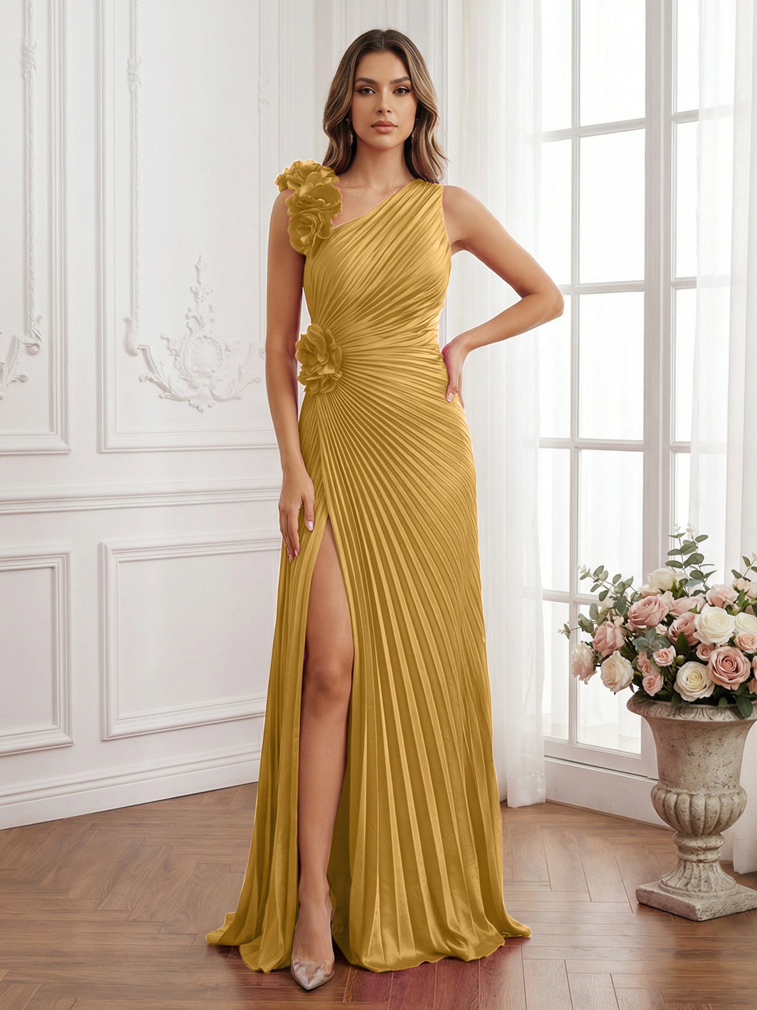 Olive Green Pleated One-Shoulder Prom Dress with 3D Rosettes