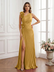 Olive Green Pleated One-Shoulder Prom Dress with 3D Rosettes