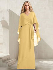 A-line V-Neck Floor-Length Chiffon Mother of the Bride Dress With Cascading Ruffles Beading