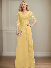 A-line Collared V-Neck Floor-Length Lace Chiffon Mother of the Bride Dress With Sequins Cascading Ruffles