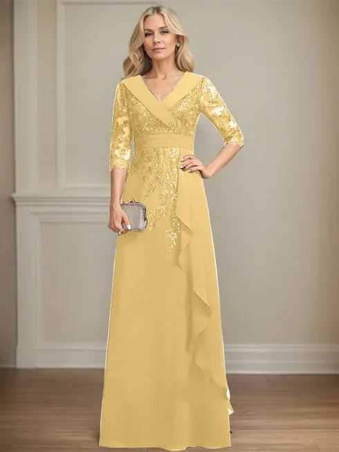 A-line Collared V-Neck Floor-Length Lace Chiffon Mother of the Bride Dress With Sequins Cascading Ruffles