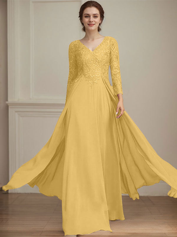 A-line V-Neck Floor-Length Lace Chiffon Mother of the Bride Dress With Sequins