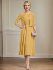 A-line Scoop Tea-Length Chiffon Mother of the Bride Dress With Pleated