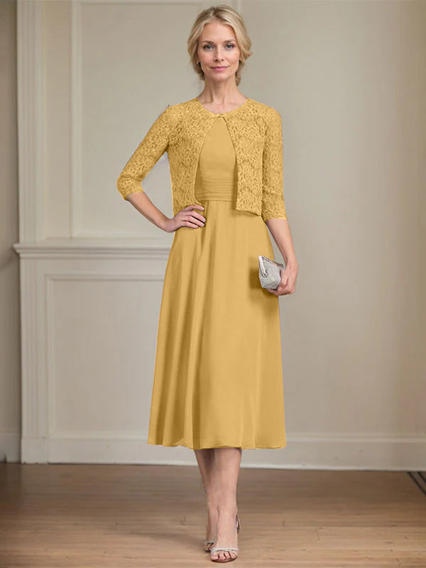 A-line Scoop Tea-Length Chiffon Mother of the Bride Dress With Pleated