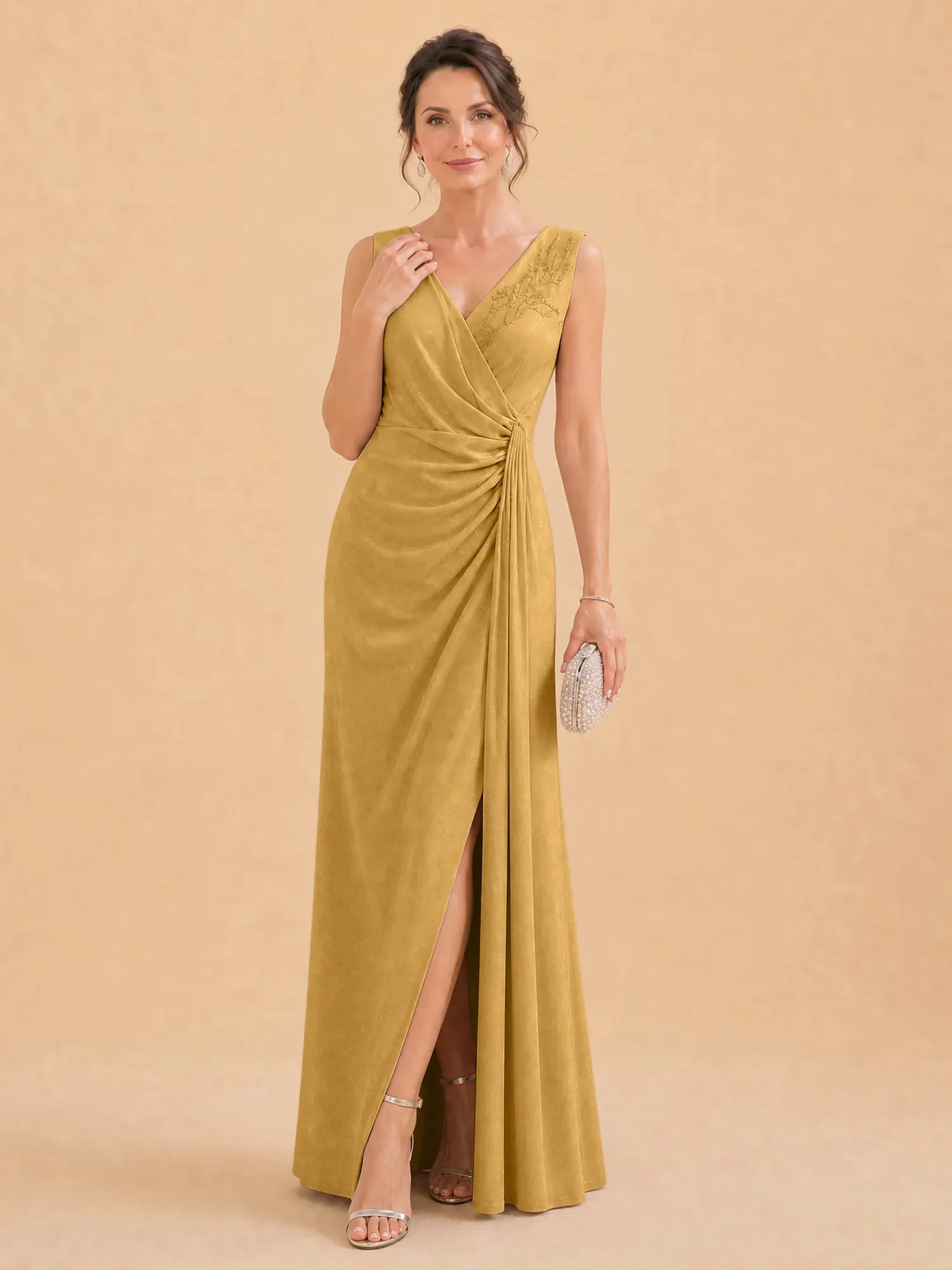 V-Neck Faux-Wrap Evening Gown with Side Draping Mother of The Bride Dresses