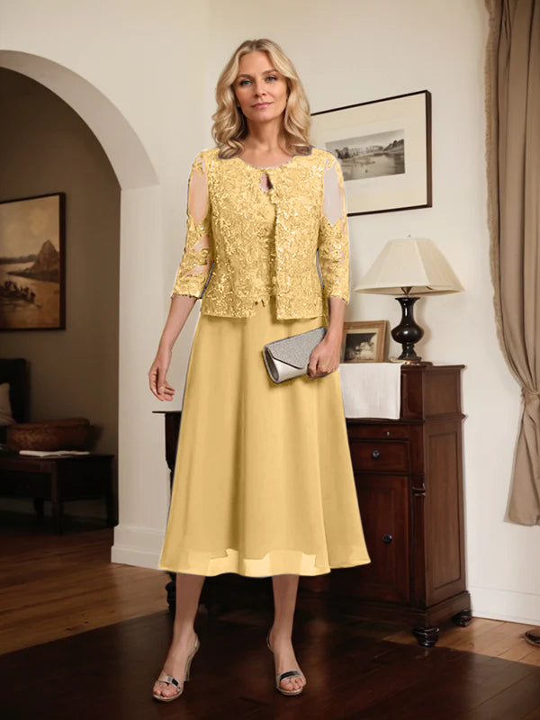 A-line Scoop Tea-Length Lace Chiffon Mother of the Bride Dress With Sequins