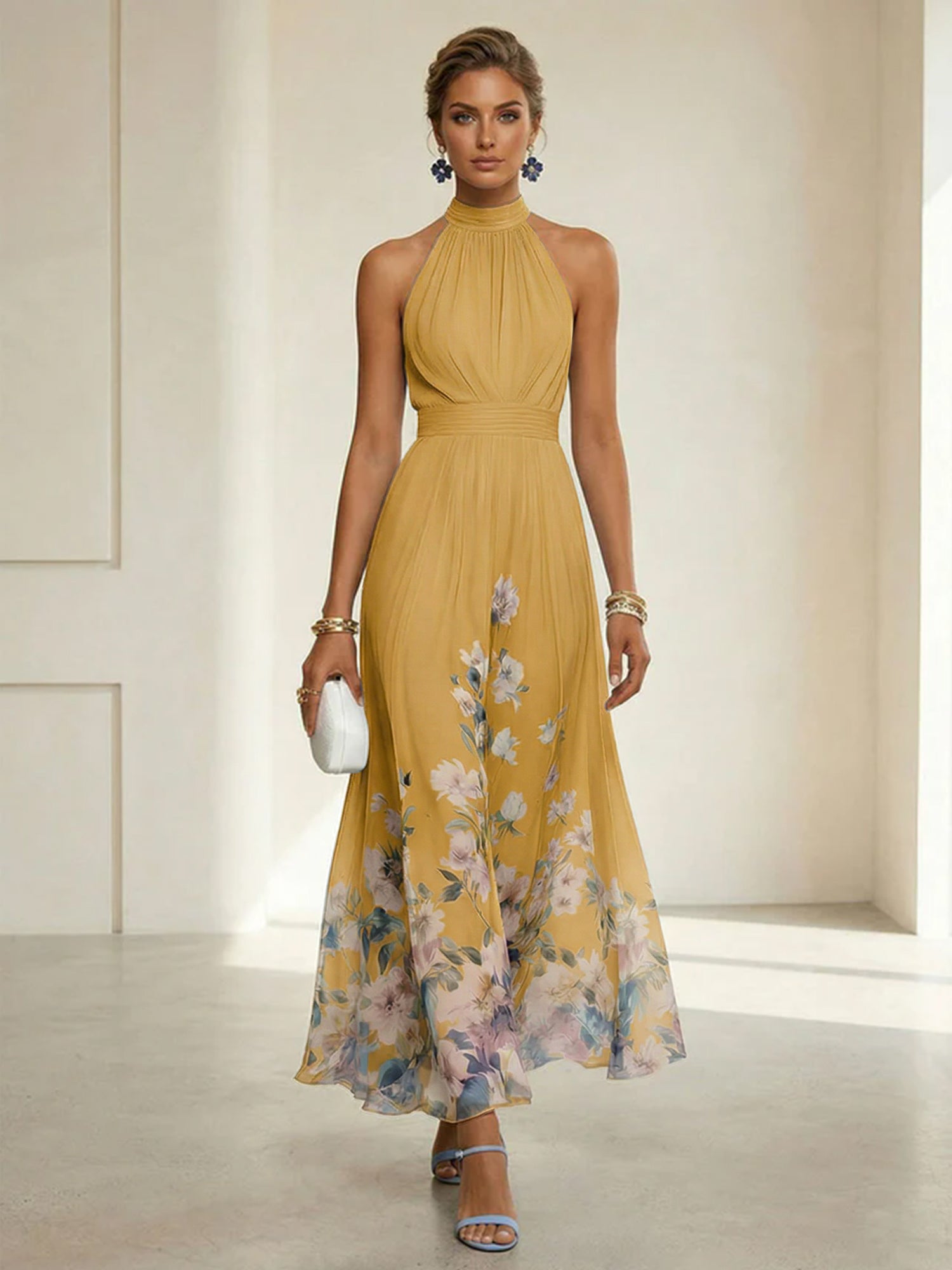 Light Blue Floral Chiffon Halter Sleeveless A-Line Maxi Dress Gown