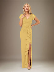 Sheath/Column V Neck Short Sleeve Floor Length Chiffon Dress With Cascading Ruffles