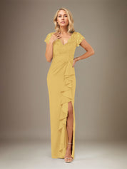 Sheath/Column V Neck Short Sleeve Floor Length Chiffon Dress With Cascading Ruffles