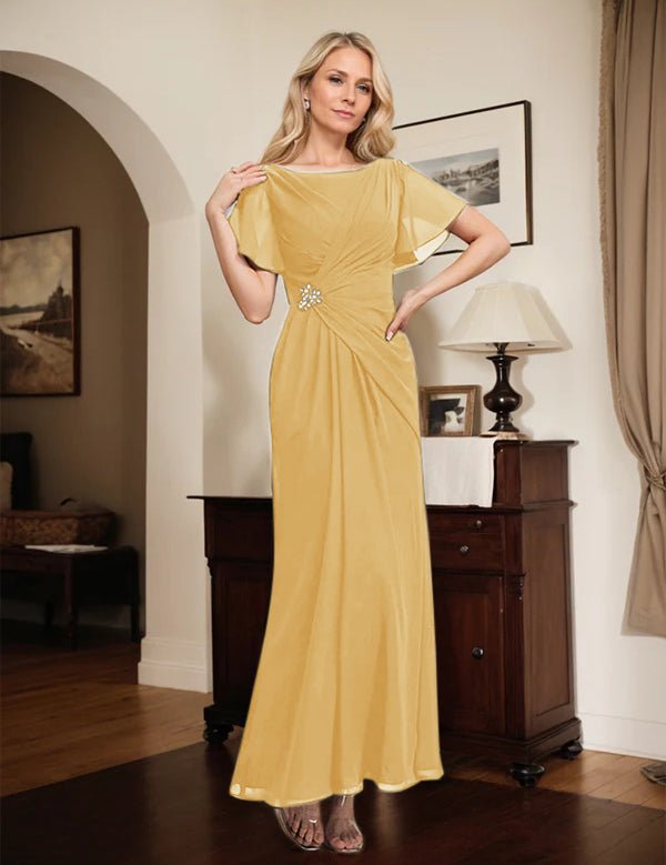 A-line Scoop Ankle-Length Chiffon Mother of the Bride Dress With Beading Pleated