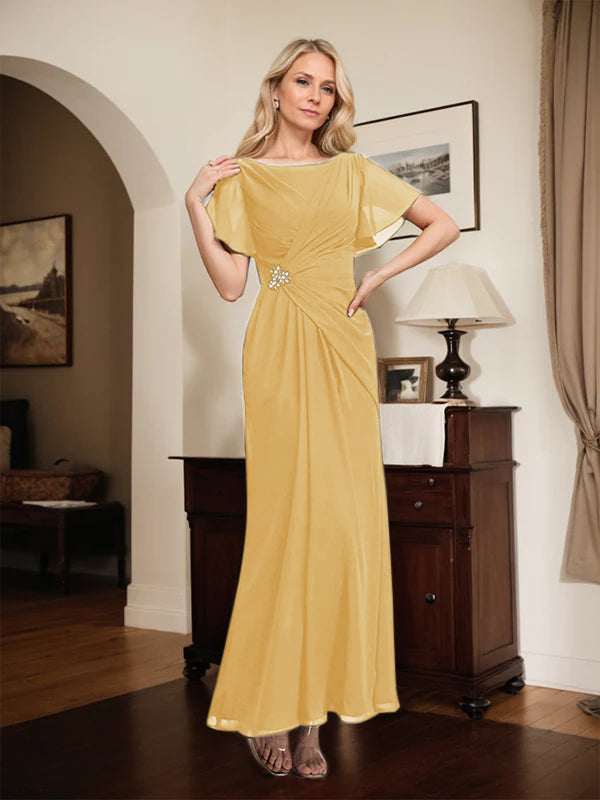 A-line Scoop Ankle-Length Chiffon Mother of the Bride Dress With Beading Pleated