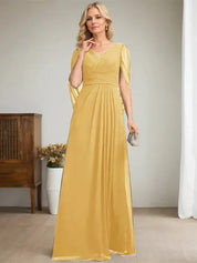 Robe longue bleu marine foncé à col en V et coupe trapèze pour mère de la mariée 