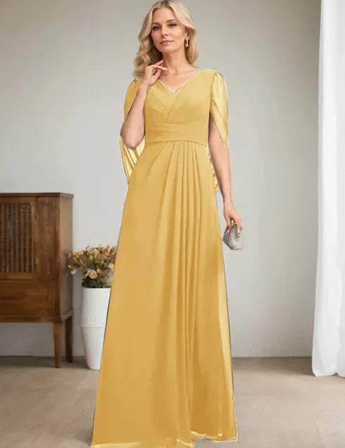 Robe longue bleu marine foncé à col en V et coupe trapèze pour mère de la mariée 