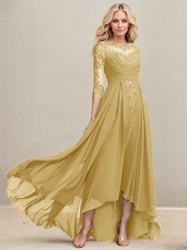 A-line Scoop Illusion Asymmetrical Lace Chiffon Mother of the Bride Dress With Pleated Sequins