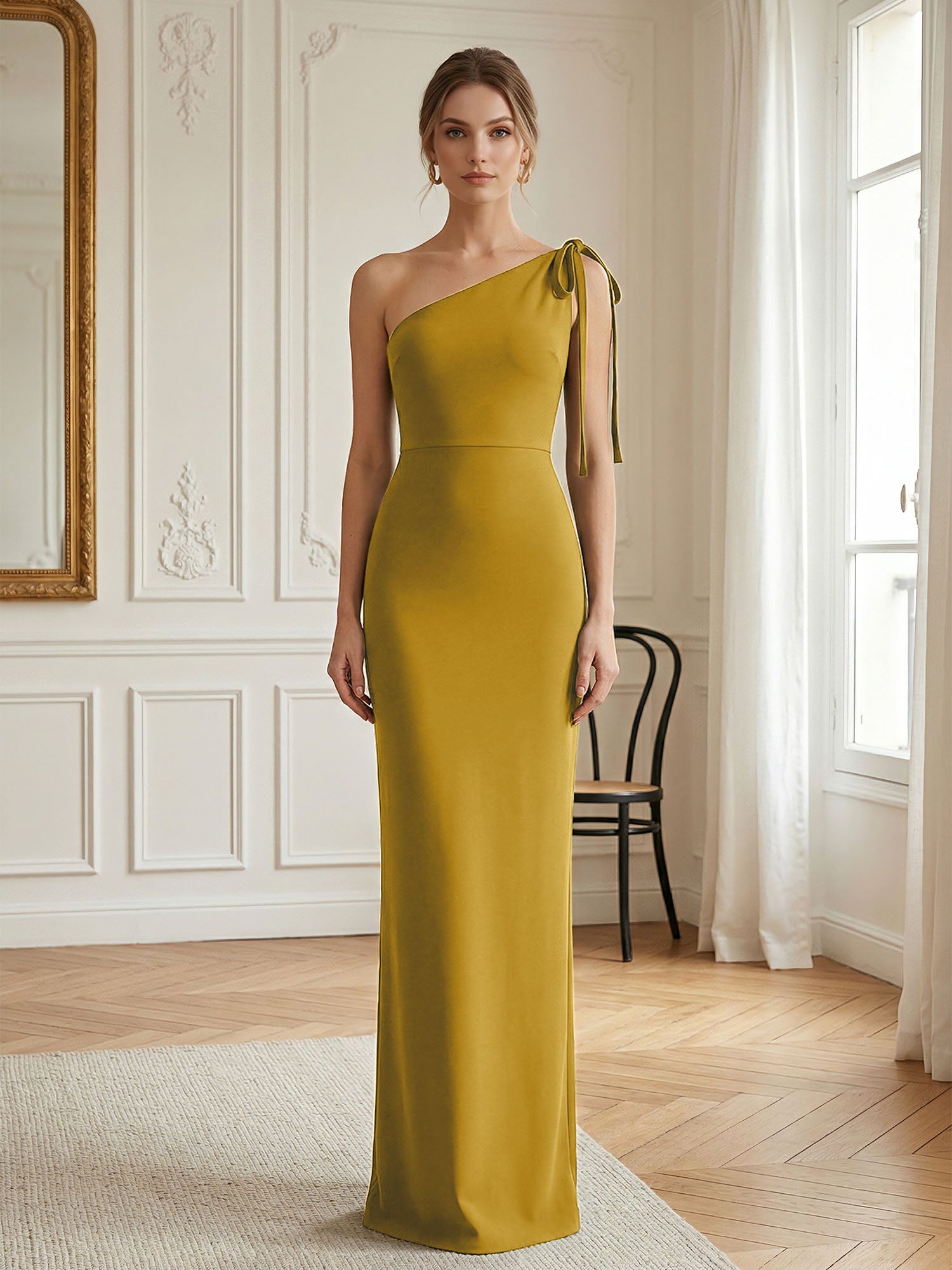 Green Formal Evening Dress Sheath One Shoulder Sleeveless Maxi Dress Gown
