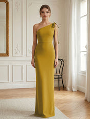 Green Formal Evening Dress Sheath One Shoulder Sleeveless Maxi Dress Gown