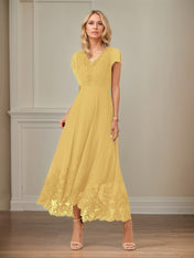 A Line V Neck Flutter Sleeve Ankle Length Chiffon Dress With Appliques