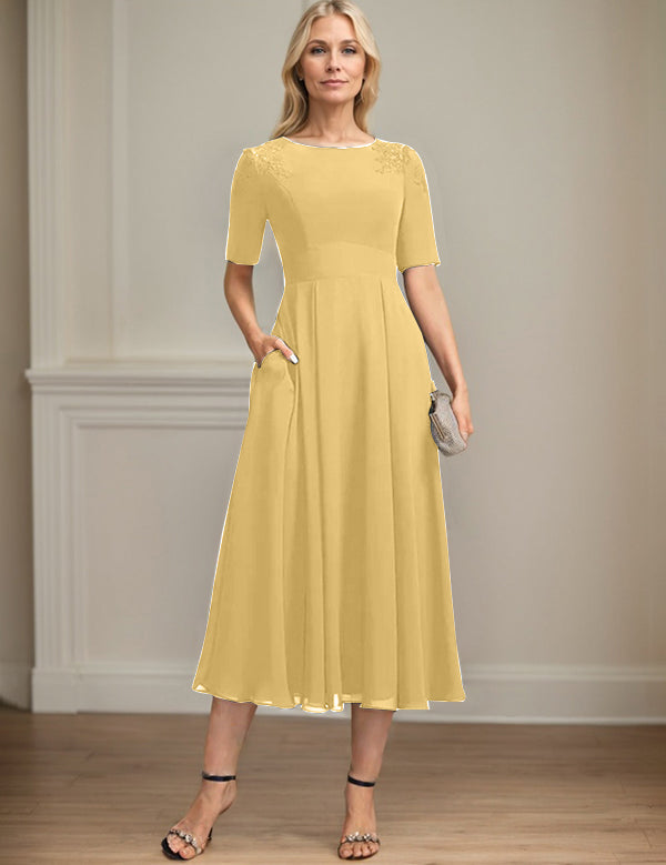 A-line Scoop Tea-Length Chiffon Mother of the Bride Dress With Appliques Lace Sequins