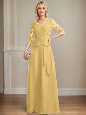 A-line V-Neck Floor-Length Lace Chiffon Mother of the Bride Dress With Cascading Ruffles Sequins