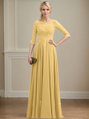 A-line Scoop Illusion Floor-Length Lace Chiffon Mother of the Bride Dress With Sequins