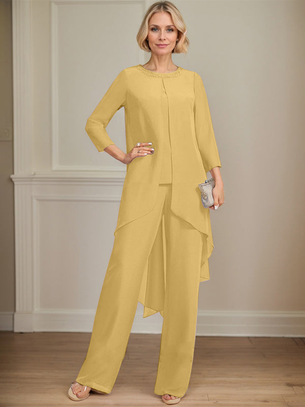 Separates Jumpsuit/Pantsuit Scoop Floor-Length Chiffon Mother of the Bride Dress With Sequins Beading