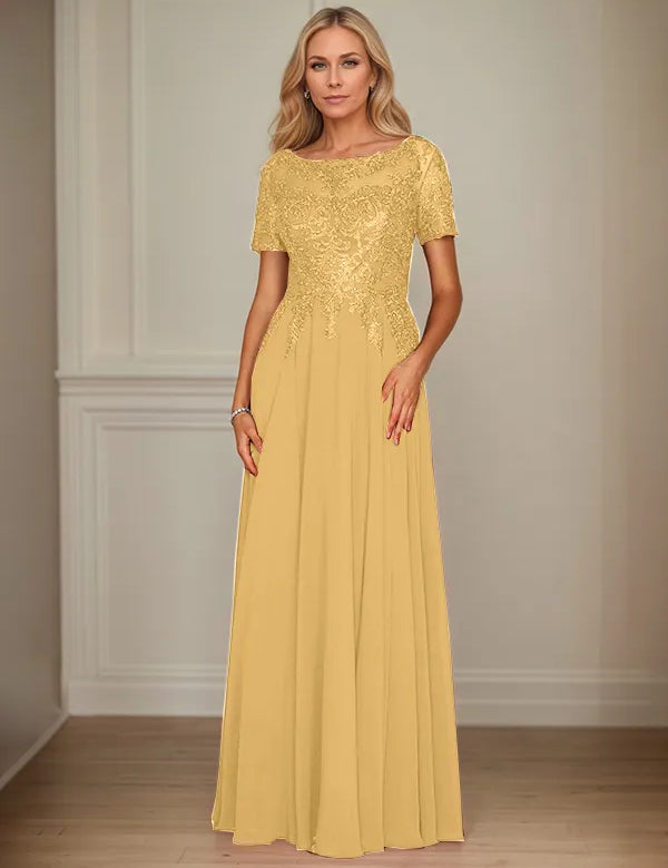 A Line Chiffon Boat Neck Short Sleeves Floor Length Mother of the Bride Dresses