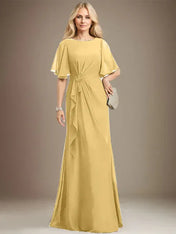 A-line Scoop Floor-Length Chiffon Mother of the Bride Dress With Cascading Ruffles Beading Sequins