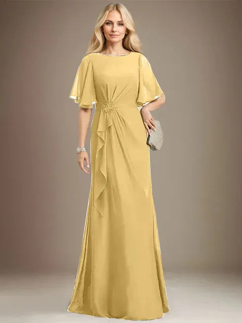 A-line Scoop Floor-Length Chiffon Mother of the Bride Dress With Cascading Ruffles Beading Sequins