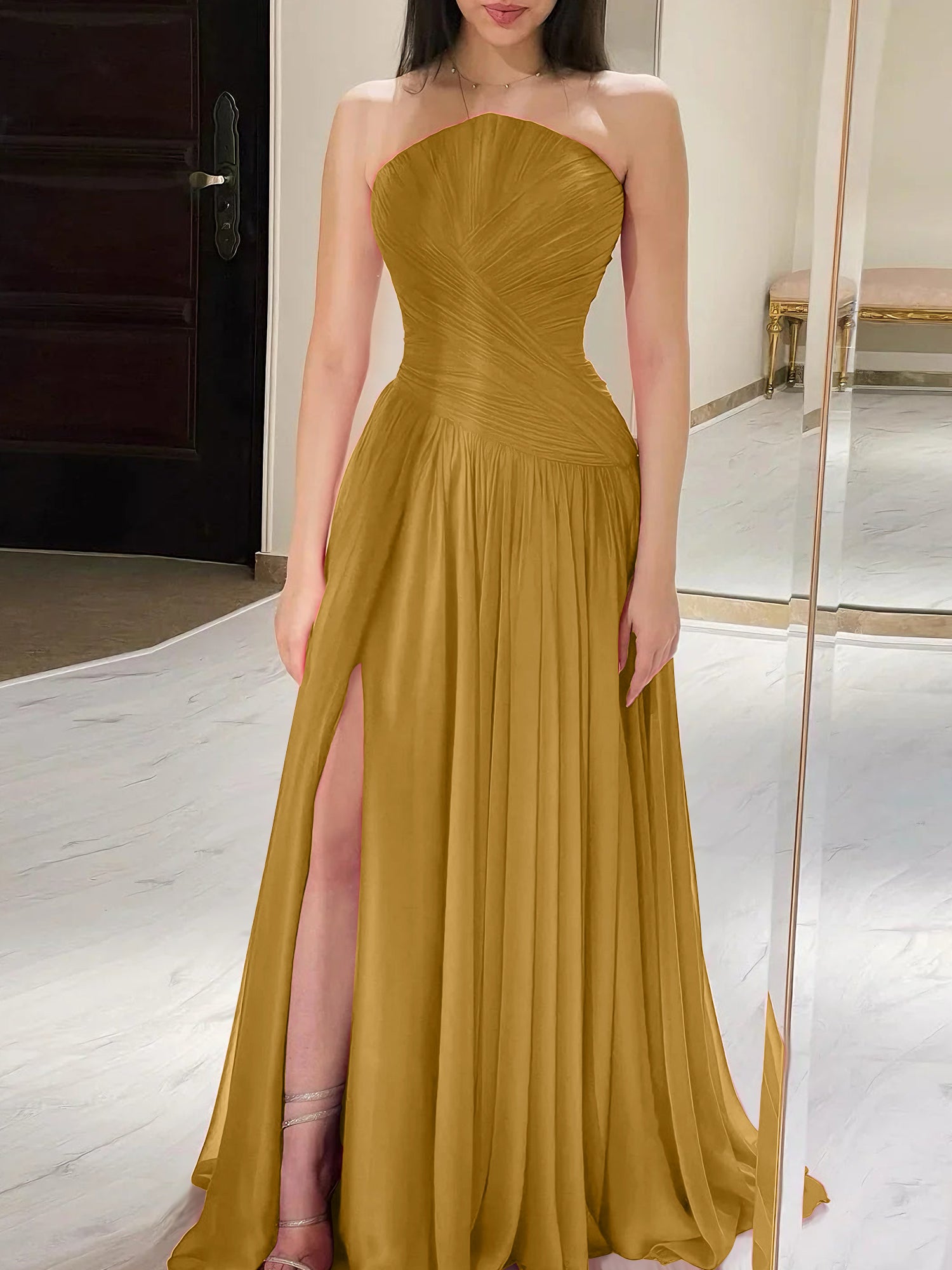 Red Pleated Chiffon Strapless Long Prom Dress with Slit
