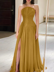 Red Pleated Chiffon Strapless Long Prom Dress with Slit