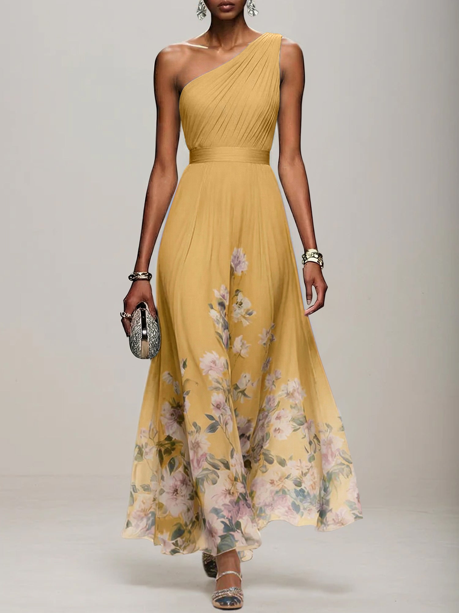 Light Blue Floral Chiffon One Shoulder Sleeveless A-Line Maxi Dress Gown