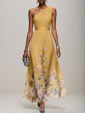 Light Blue Floral Chiffon One Shoulder Sleeveless A-Line Maxi Dress Gown
