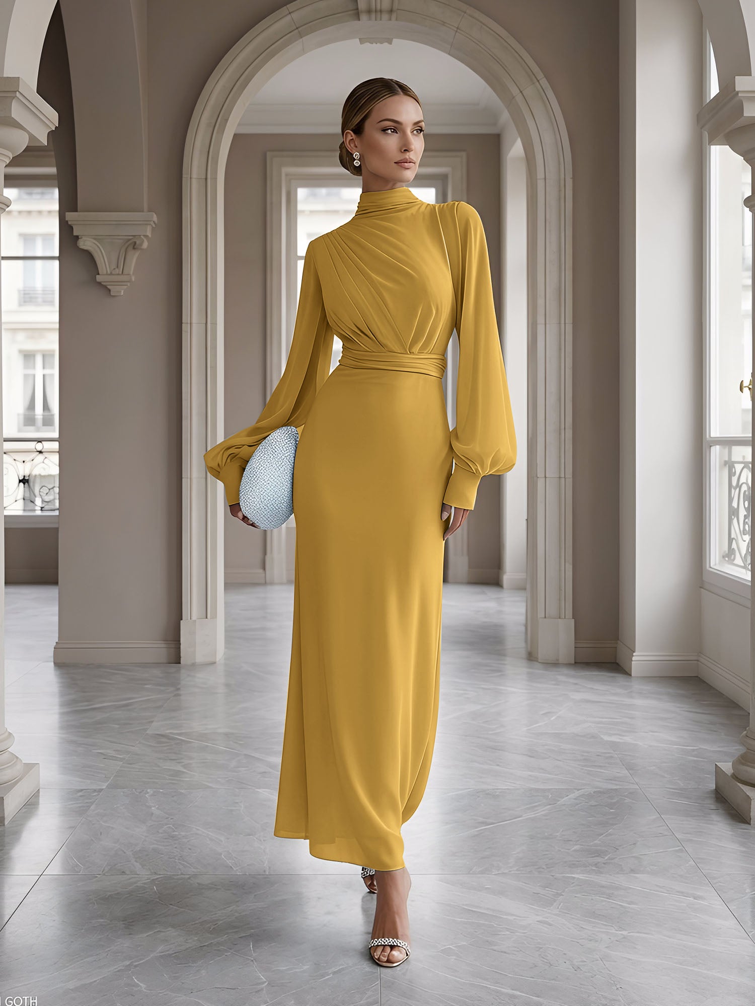 Ice Blue High-Neck Bishop Sleeve Gown Foraml Evening Dress