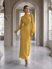 Ice Blue High-Neck Bishop Sleeve Gown Foraml Evening Dress