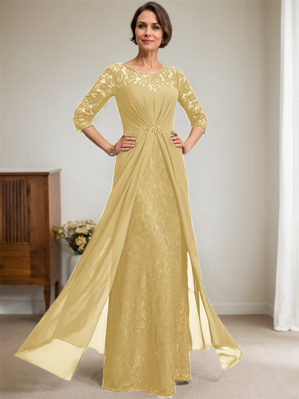 A-Line Scoop Illusion Floor-Length Lace Chiffon Mother Of the Bride Dress With Beading Ruffles