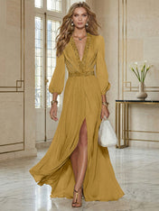 Elegant Beige Chiffon V-neck With Rhinestone Embellishments And A Side Slit Maxi Dress