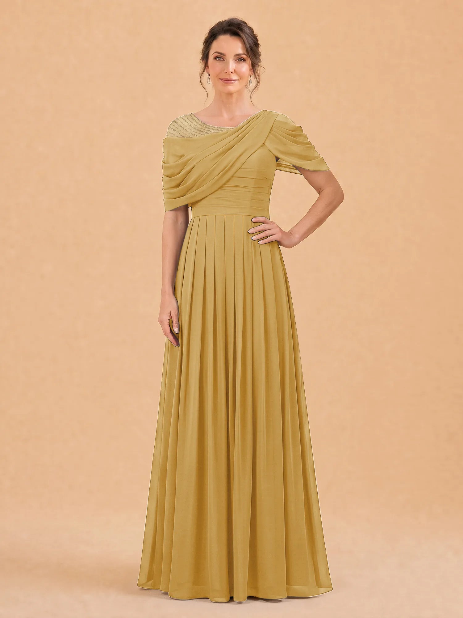 One-Shoulder Cape Overlay Chiffon Mother of the Bride Dress