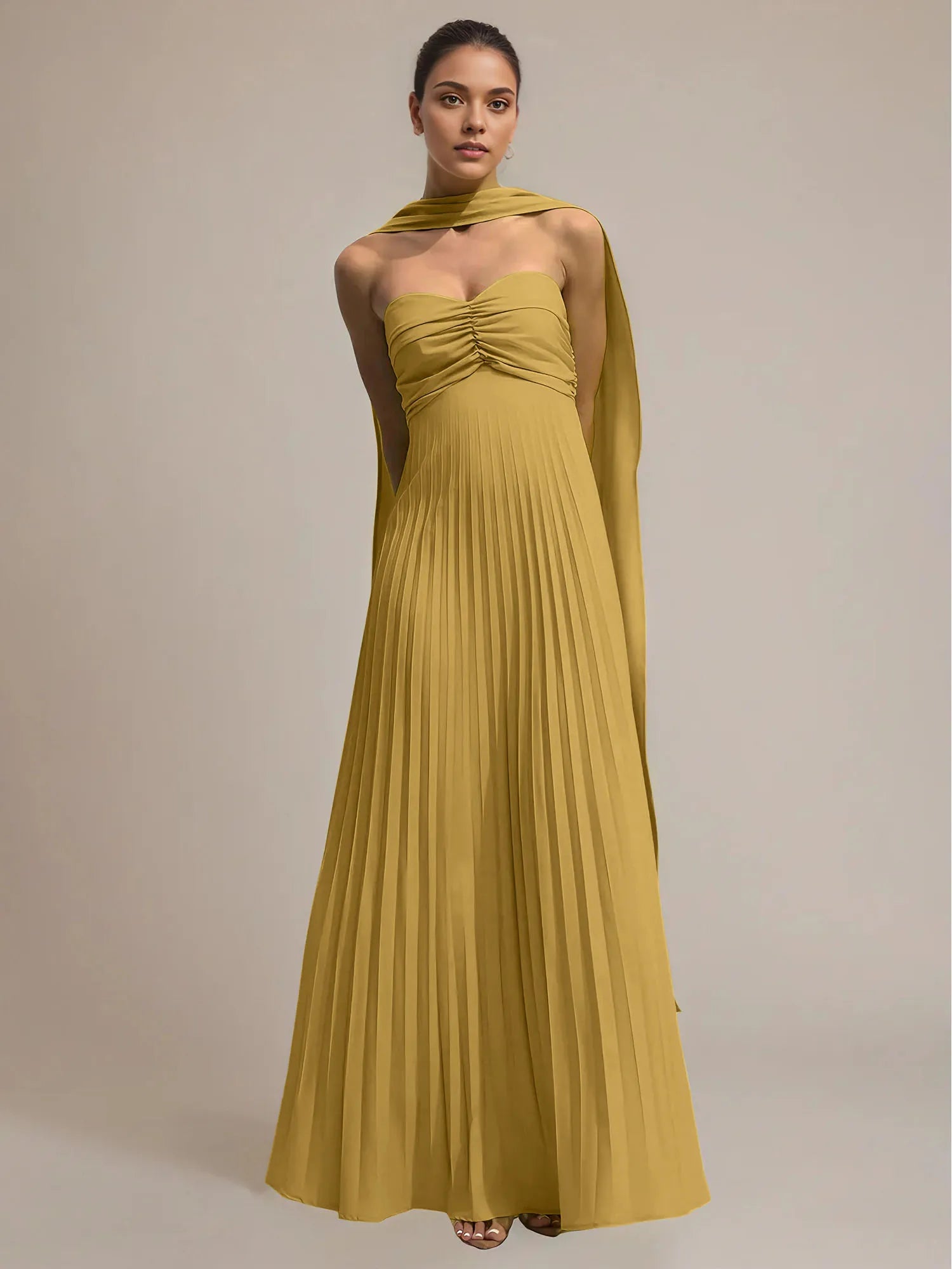Green Chiffon A Line Off The Shoulder Sleeveless Floor Length Pleated Dress