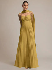 Green Chiffon A Line Off The Shoulder Sleeveless Floor Length Pleated Dress