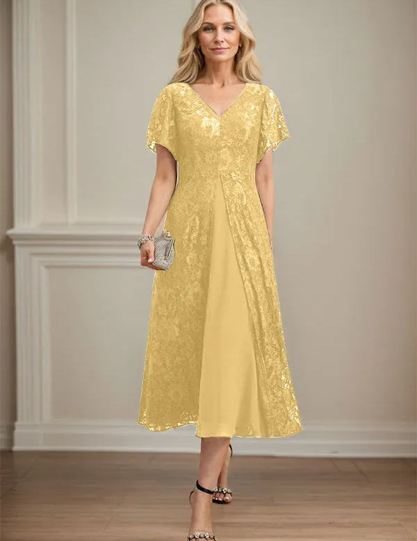 A-line V-Neck Tea-Length Lace Chiffon Mother of the Bride Dress