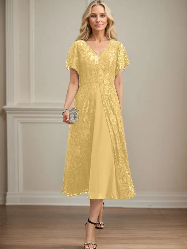 Robe de mère de la mariée en mousseline de soie, coupe trapèze, col en V et longueur thé 