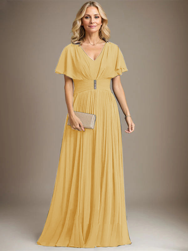 A-line V-Neck Floor-Length Chiffon Mother of the Bride Dress With Crystal Brooch Pleated