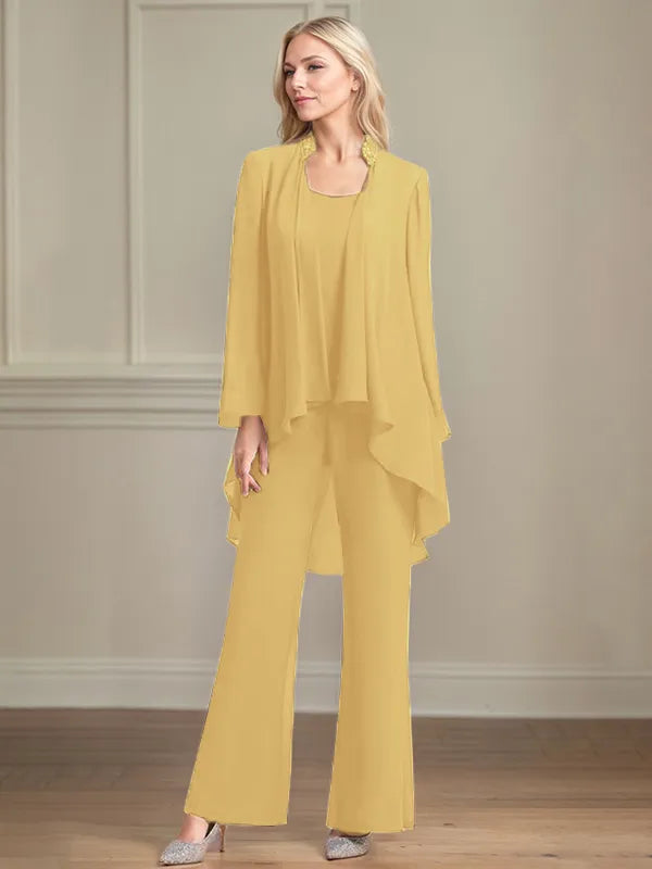 Chiffon Scoop Neck Long Sleeves Floor Length Mother Of The Bride Pantsuits
