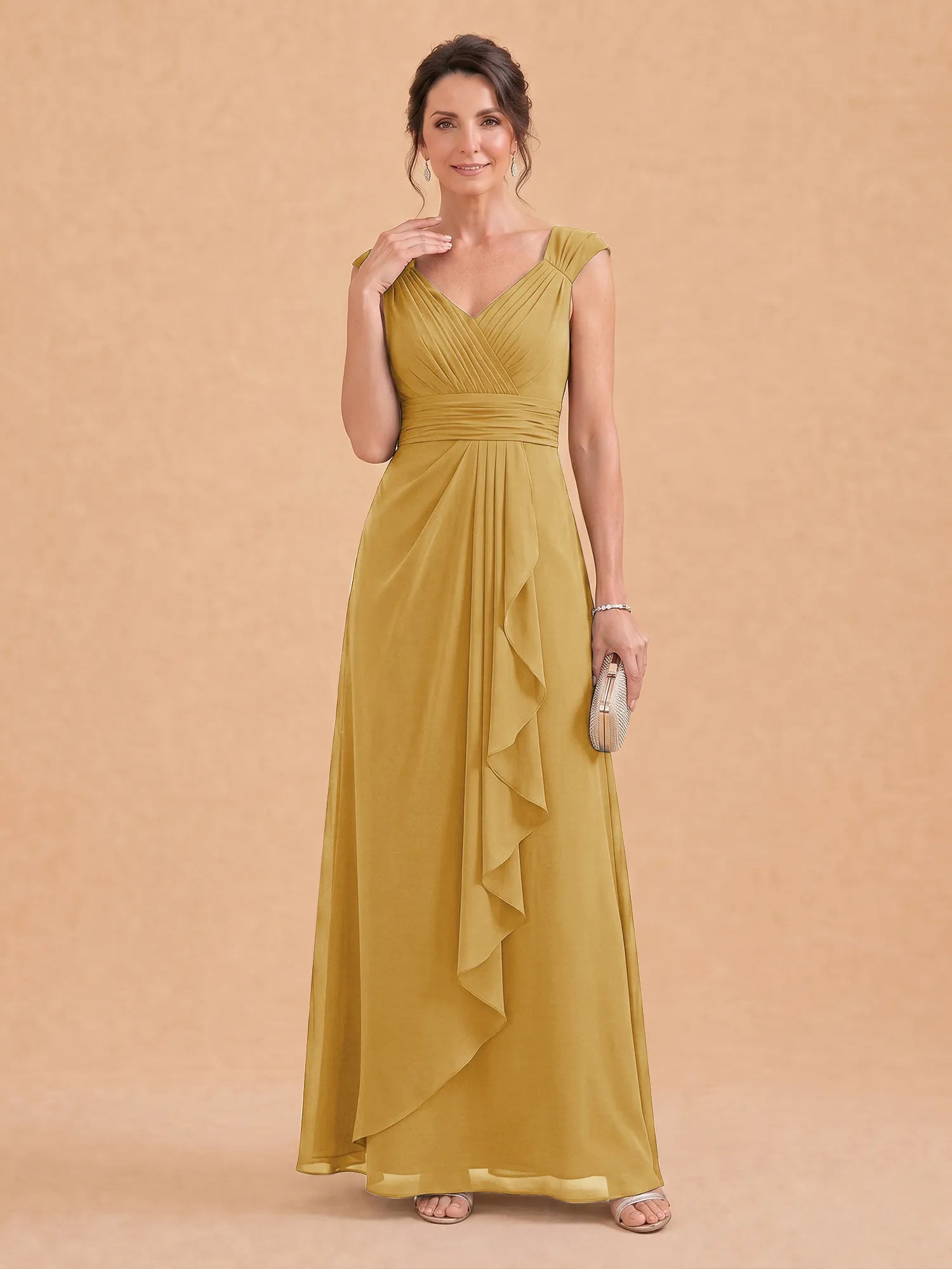 V-Neck Ruched Chiffon A-Line Mother of the Bride Dress with Cascading Ruffle