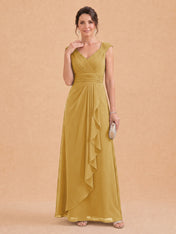 V-Neck Ruched Chiffon A-Line Mother of the Bride Dress with Cascading Ruffle