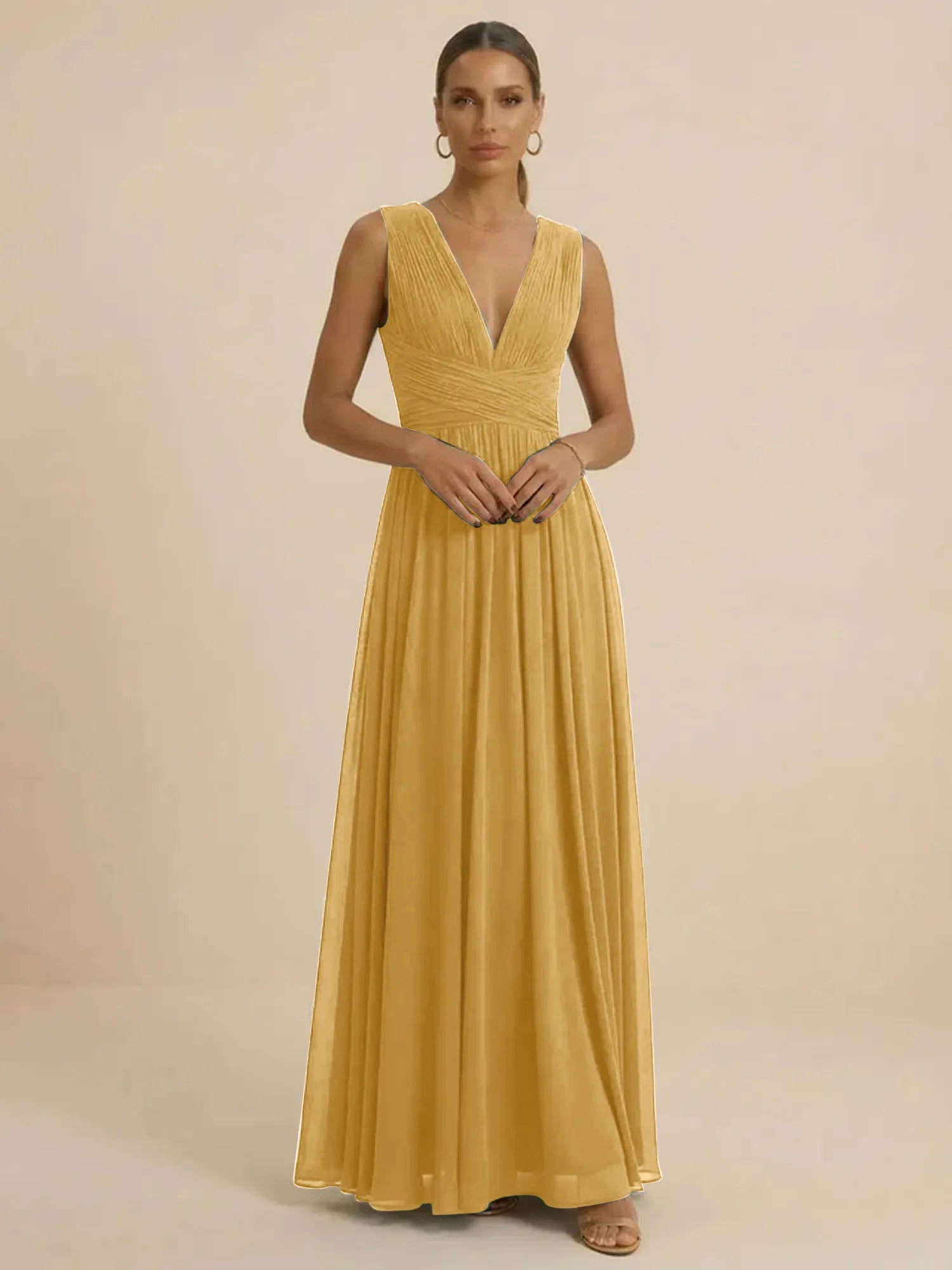 Teal Pleated V-Neck Chiffon Evening Gown with Ruched