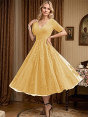 A-line V-Neck Tea-Length Tulle Lace Mother of the Bride Dress With Pleated