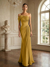 One Shoulder Pleat Mermaid Chiffon Evening Dresses for Women Gown