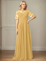 A Line Chiffon Scoop Neck Short Sleeves Floor Length Mother of the Bride Dresses